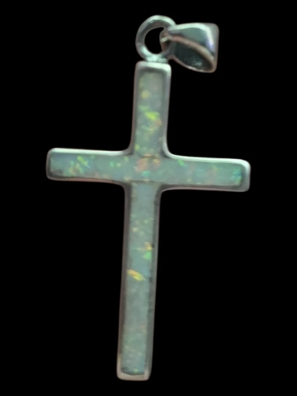 White Lab Opal Cross Pendant  Sterling Silver